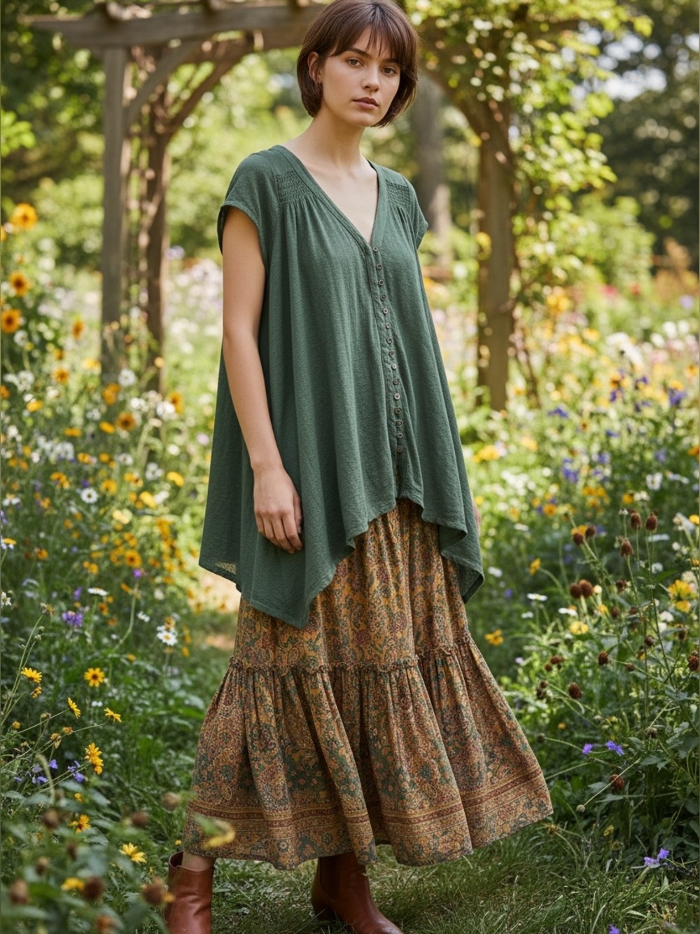 Free People Highland Linen Blend Tunic Top XS Army Green Oversized Boho